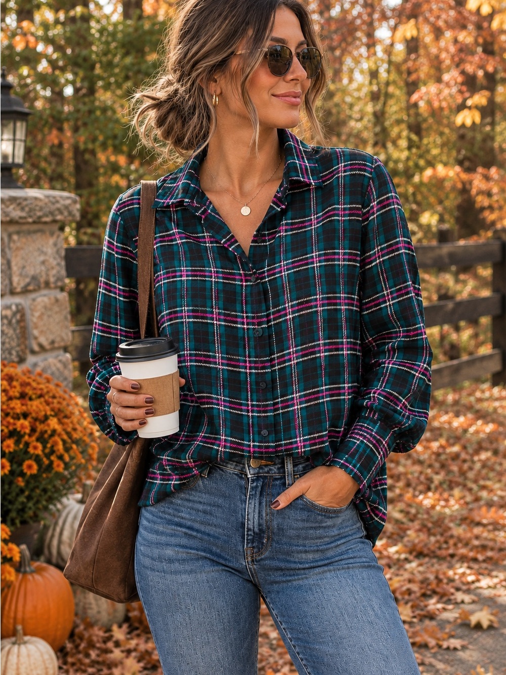 Ann Taylor Factory Green Plaid Button-Down Shirt with Pink Accents